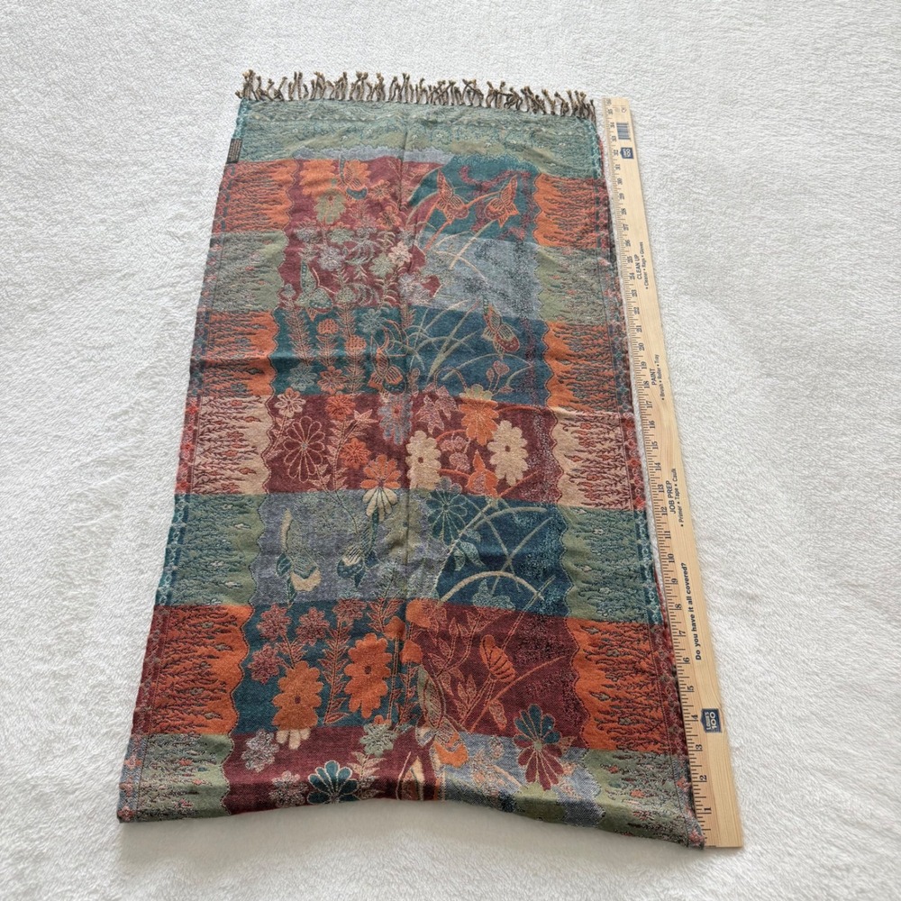 Sacred Threads Scarf Shawl OS Multicolor Floral Wool Viscose Fringed Pashmina